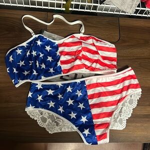 Plus American Flag Print Contrast Lace Lingerie Set 2XL